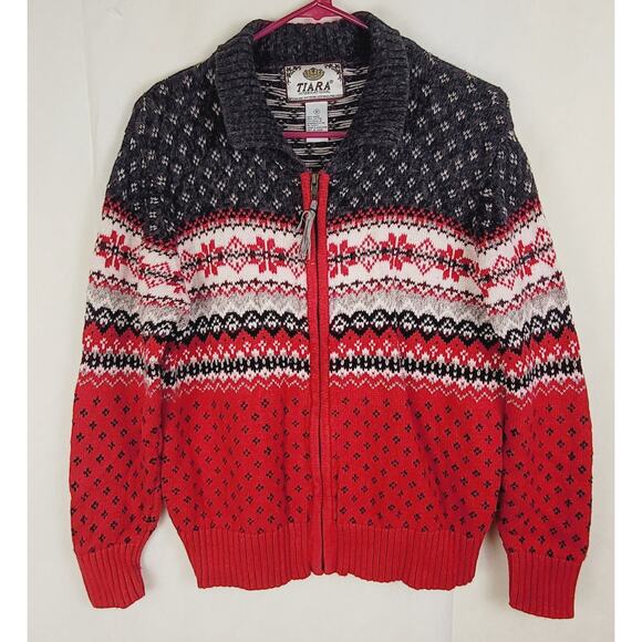 Vintage Tiara International red and black full zip cardigan Size Med Fair Isle - Picture 1 of 7